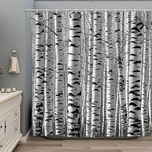 Cortina de ducha de árboles de abedul, tronco moteado con ramas de árbol, al aire libre, tema de naturaleza, paisaje rústico de invierno, juego de