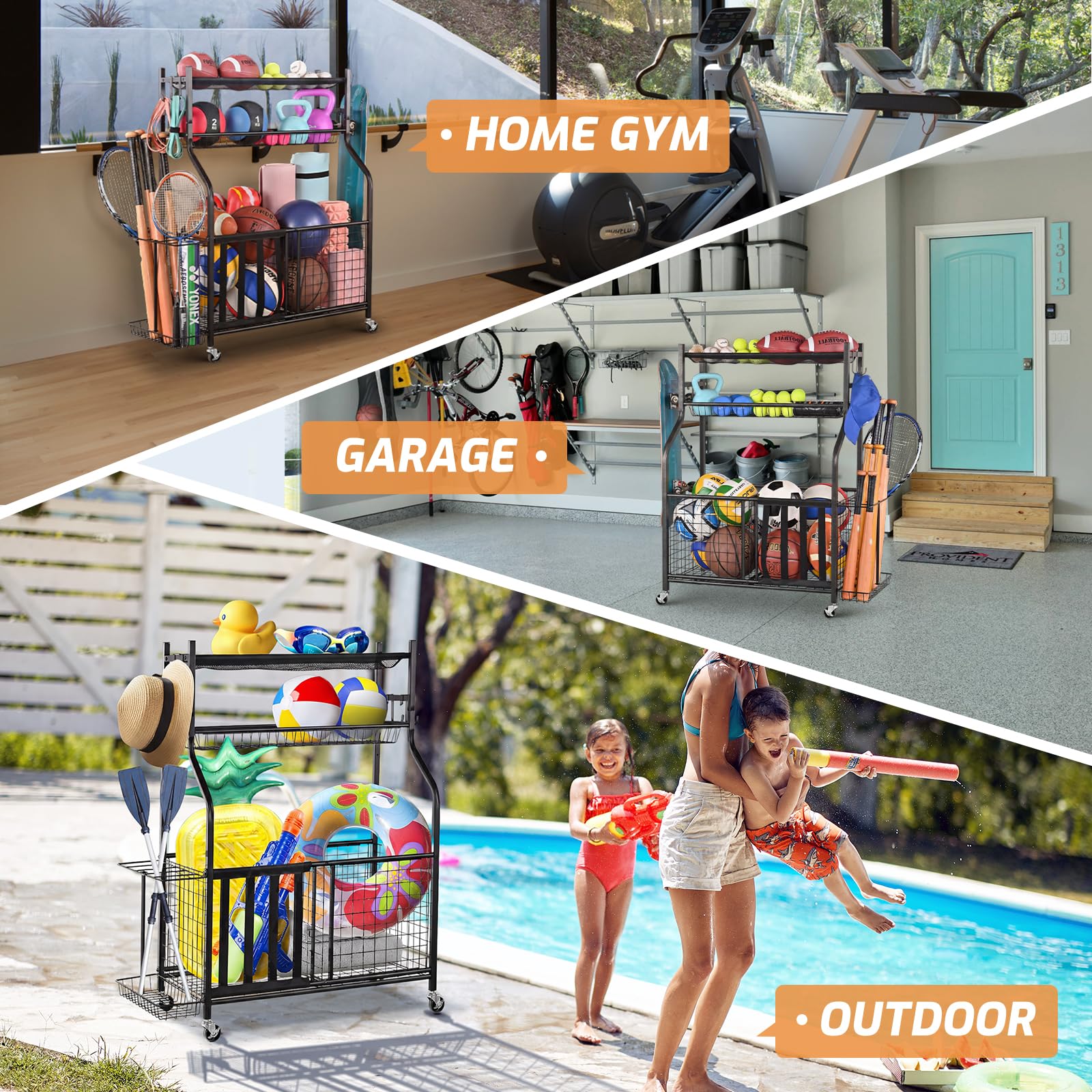 MyGift Organizador De Equipos Deportivos, Almacenamiento De Bolas De Garaje Para Interiores Y Exteriores, Organizador De Garaje Para Equipo Deportivo Y Juguetes, Carrito De Bolas Rodantes Con Cestas