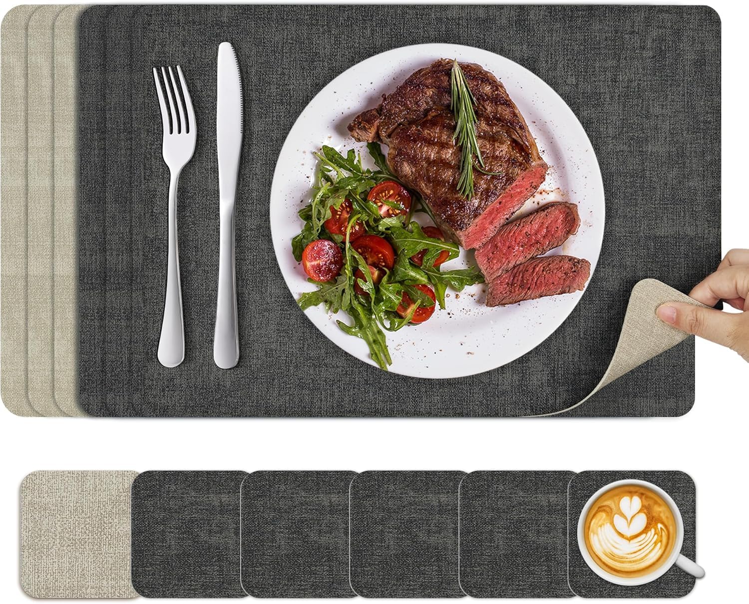 Placemats and Coasters Set 6: KitchenBoss Dual Sided Place Mats for Table, Wipeable Black Dinner Mat Coaster Sets, Non Slip Washable Dining Table Plate Mats，43 * 30cm (Black + White-gray)