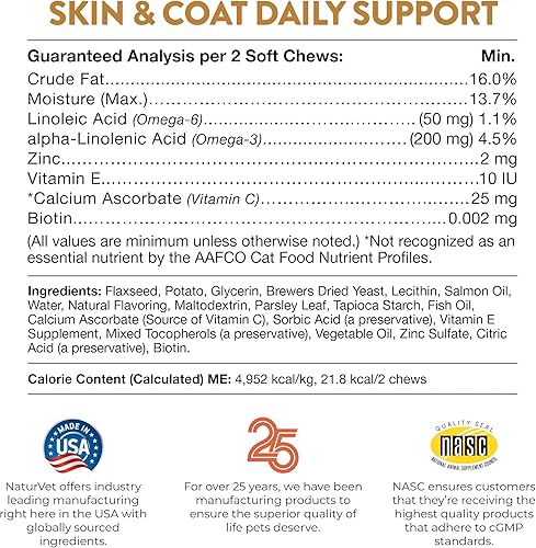 Miniatura 8 de NaturVet Skin and Coat Plus Aliento para perros, 70 unidades masticables suaves, fabricados en los Estados Unidos con ingredientes de origen mundial