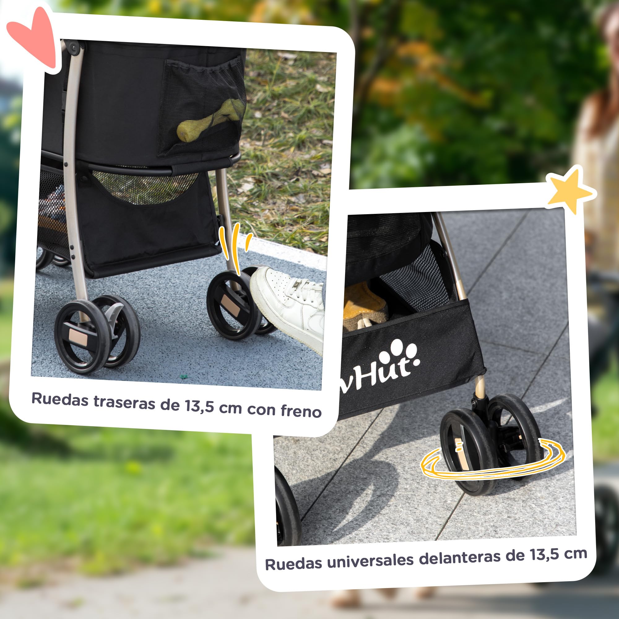 PawHut Carrito para Perros Plegable 3 en 1 Cochecito para Mascotas Carrito para Perros Pequeños con Vagón Desmontable Cesta de Almacenaje Correas de Seguridad y Cojín Carga 15 kg Negro