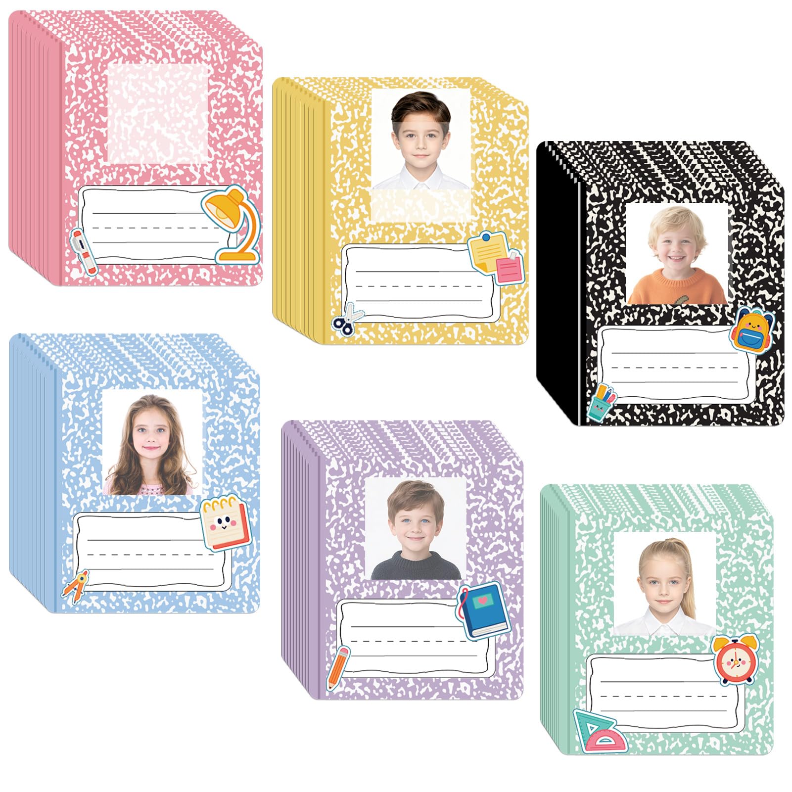 Lot de 60 étiquettes autocollantes en forme de livre de composition pour bureau avec espace photo, pour la rentrée scolaire, pastel, pour enfants, décoration de salle de classe pour poubelle, garçons