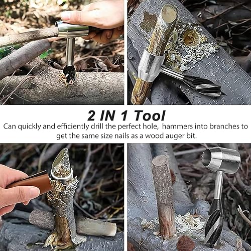 Miniatura 5 de Survival Settlers Tool Bushcraft - Llave de taladro manual de ojo escocés para madera, herramienta de supervivencia con bolsa de cuero y gancho para