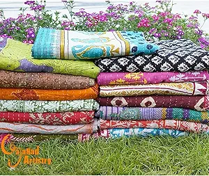 4 Piece Handmade Indian Vintage Kantha Quilts Reversible Bohemian Home Decor Blanket – Quilt for Sale Bed Sheet Bedspread -Assorted Color Twin Size 85X55 Inches Multi