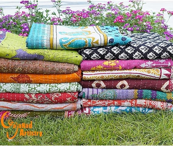 4 Piece Handmade Indian Vintage Kantha Quilts Reversible Bohemian Home Decor Blanket – Quilt for Sale Bed Sheet Bedspread -Assorted Color Twin Size 85X55 Inches Multi