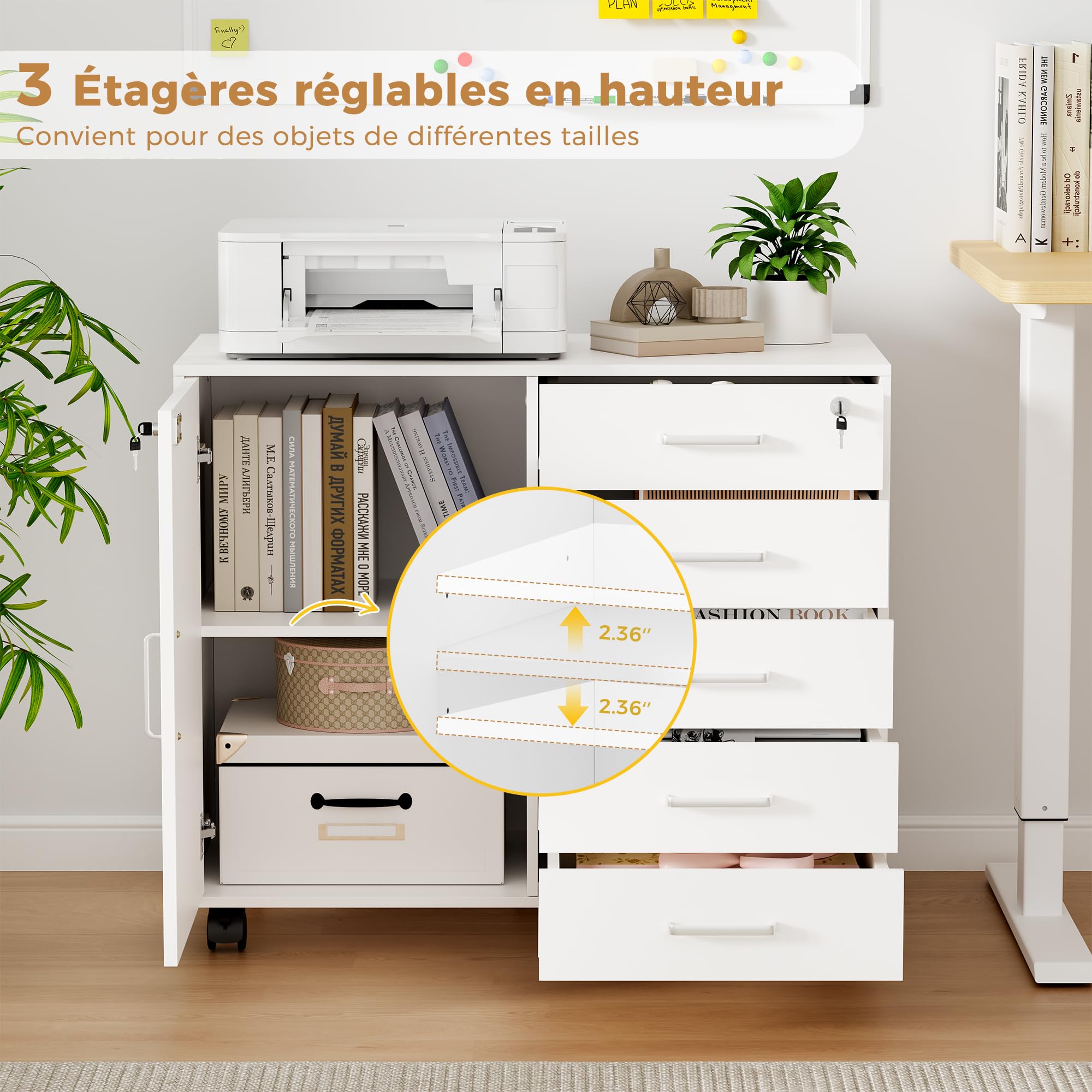 BEWISHOME Caisson de Bureau Rangement à 5 Tiroirs Verrouillables, Meuble Rangement Bureau avec 5 roulettes, Meuble imprimante Mobile avec 3 étagères réglables, Poignées métalliques, 78x40x65,5 cm
