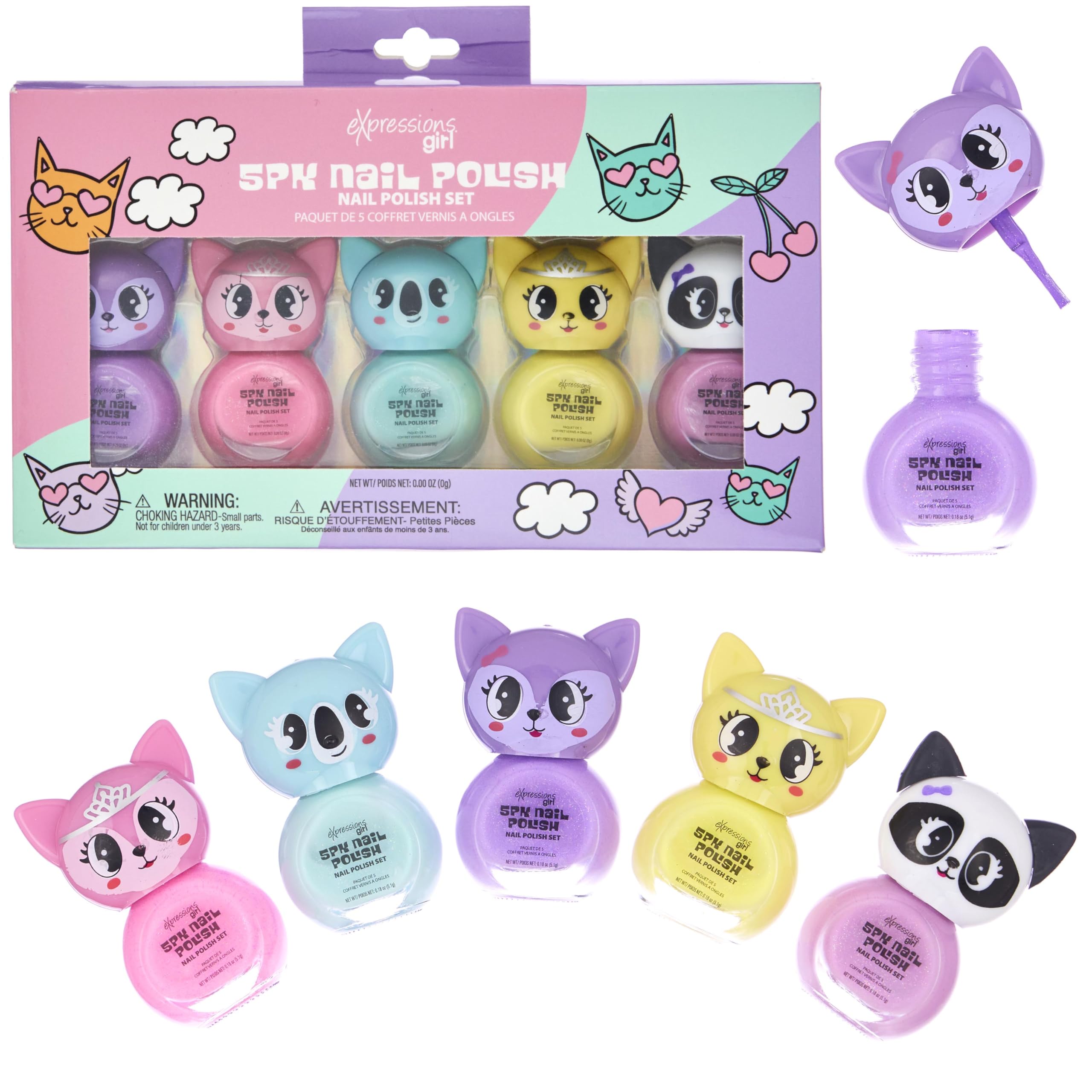 Expressions 5pc Critter Character Nail Polish Set for Girls -Water Based Colorful Novelty Nail Polishes, Safe and Non Toxic Manicure Set & Pedicure Kit