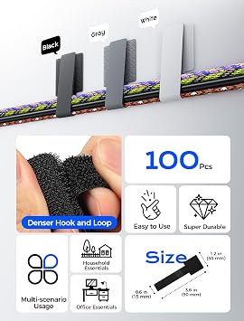 Adhesive Wire Management, 100pcs Hook and Loop Cable Ties, Adjustable Cable Straps, Sticky-Back Cord Organizer for Kitchen Appliances at Office, Home - Black