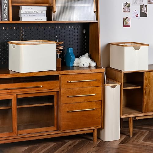 Miniatura 7 de iEGrow Paquete de 2 cestas de almacenamiento, contenedores de almacenamiento plegables con asas de bambú, almacenamiento rectangular para organizar