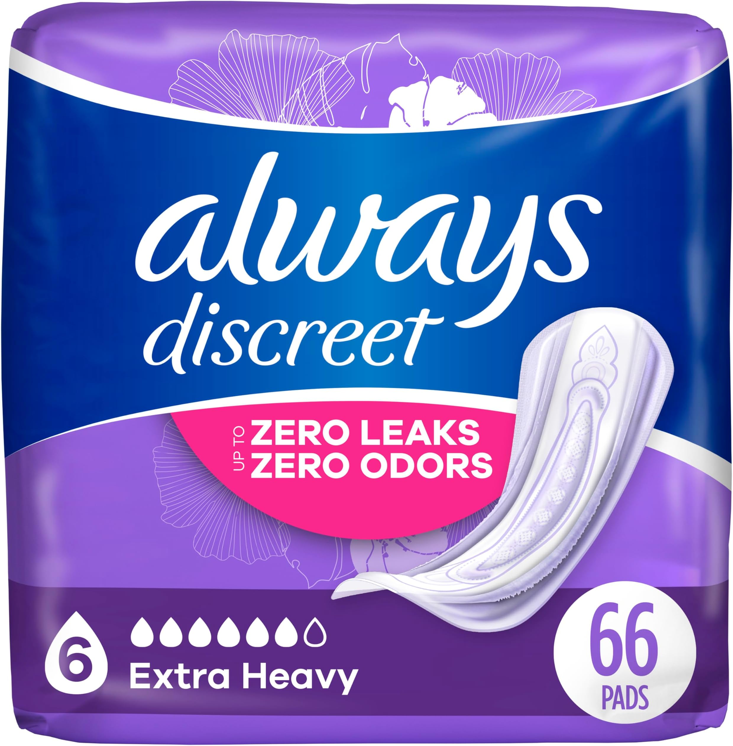 Incontinence & Postpartum Pads For Women, Extra Heavy Overnight Absorbency, Regular Length, 33 Count x 2 Packs (66 Count total)