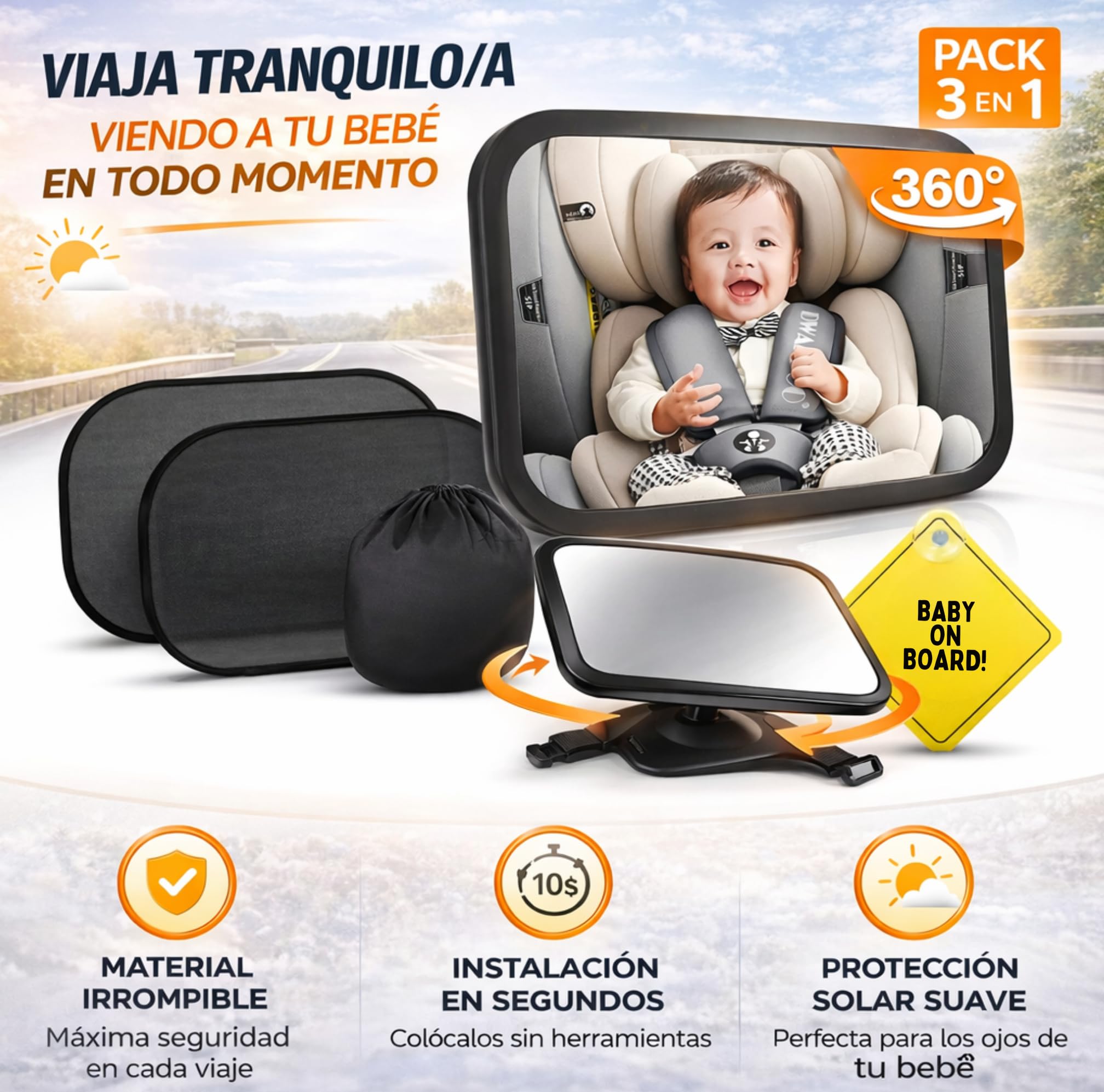 | BEBIKIS® SUPER PACK De Espejo Coche Para Bebe 100% IRROMPIBLE Para Asiento Trasero Con ROTACIÓN 360º + 2 Parasoles + Placa Baby On Board | Espejo Para Ver Al Bebé a Contramarcha En El Coche