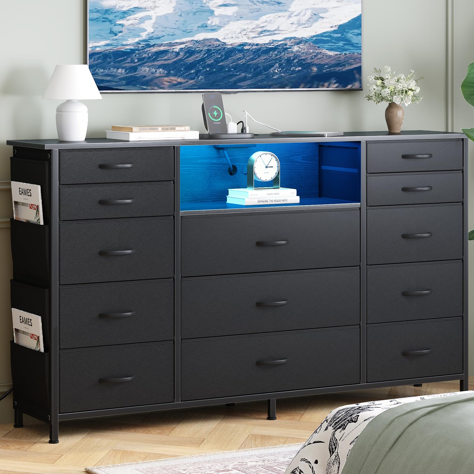 Photo 1 of ***MINOR DAMAGE***HCHQHS Dresser for Bedroom with 13 Drawers, 47 Inch Fabric Dresser with Remote Control Lights, Side Pockets & Hooks for Closet or Large TV Stand (Black)