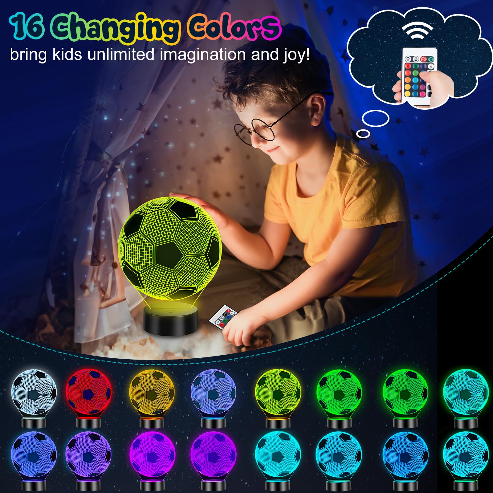 Linkax Football Gifts for Boys, 3D Illusion Football Night Light for Girl Bedroom Home Decoration, 16 Colors Change 5 6 7 8 9 10 11 12 Year Old Boy Birthday Christmas Easter Gifts for Teenage Boy - 4