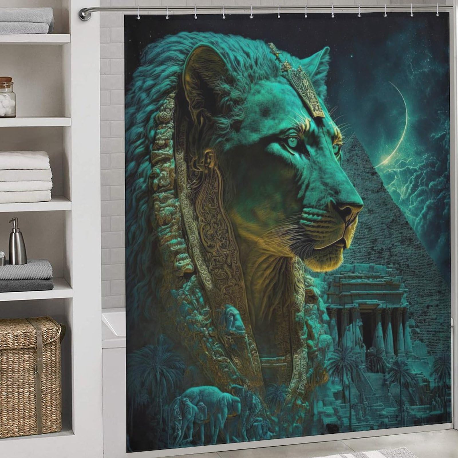 Rideau de douche lion lavable et imperméable avec 12 crochets inclus