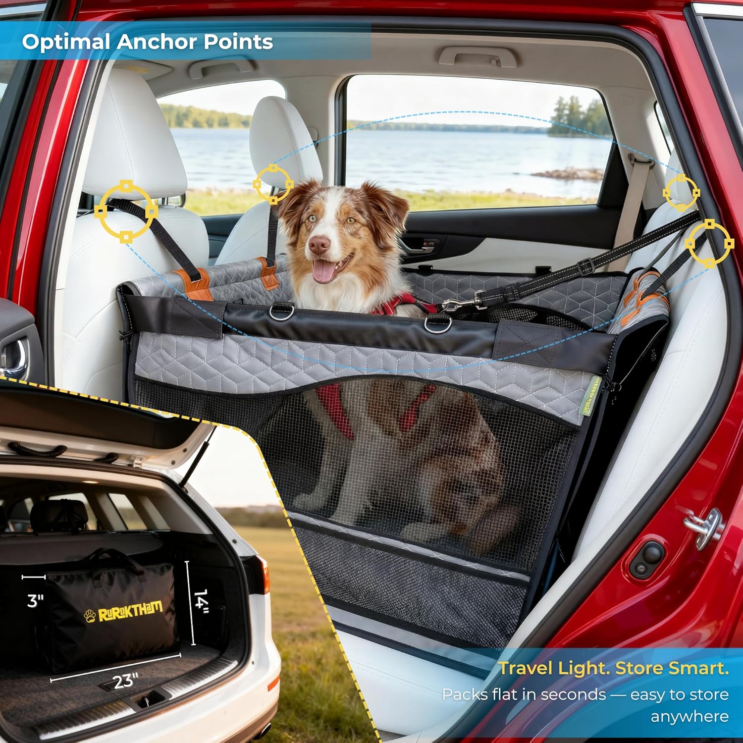 Dog Car Seat for Large Medium Dogs | Waterproof Dog Seat Cover for Back Seat with Hard Bottom | Alloy Twist-Lock Rods | 3 Mesh Windows | Removable Fleece Mat | Cars, SUVs, Trucks (Grey) (Grey)
