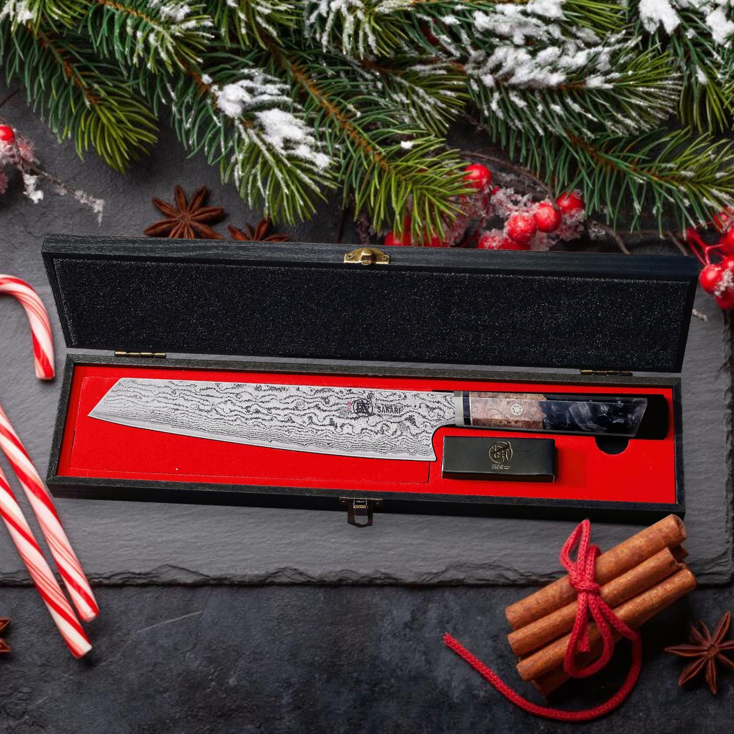 MITSUMOTO SAKARI 22 cm Cuchillos Cocina Kiritsuke, Cuchillo Chef Damasco | Cuchillos Cocina Forjado a Mano Profesional, Cuchillos Japoneses de Damasco AUS-10, Mango y Caja de Madera de Sándalo