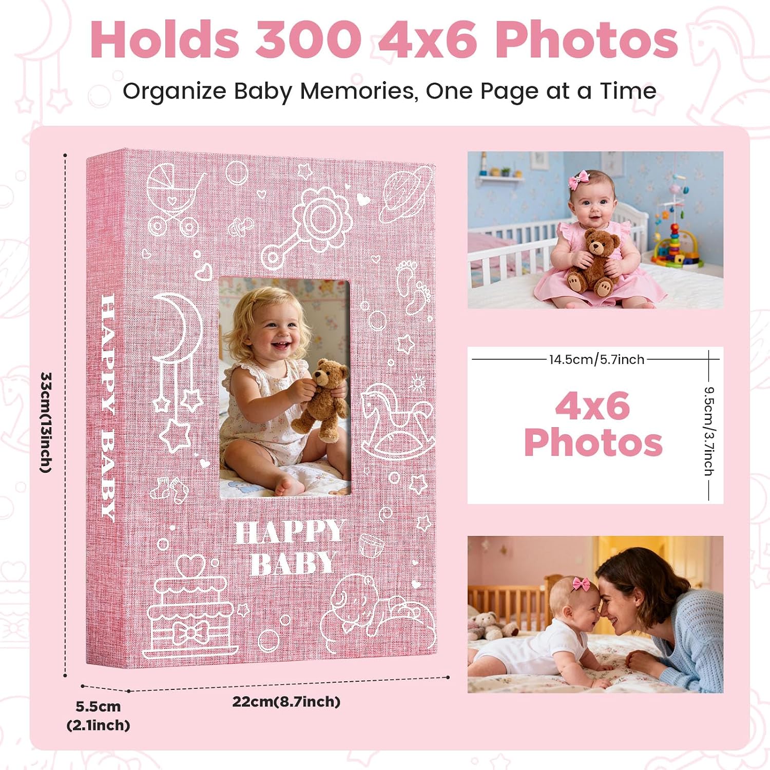 Baby Photo Album 4x6 300 Pockets with Memo Area, Photo Stickers & Hand and Footprint Kit, Linen Cover Baby Memory Book with Front Window, First Year Keepsake for Newborn Boy Girl