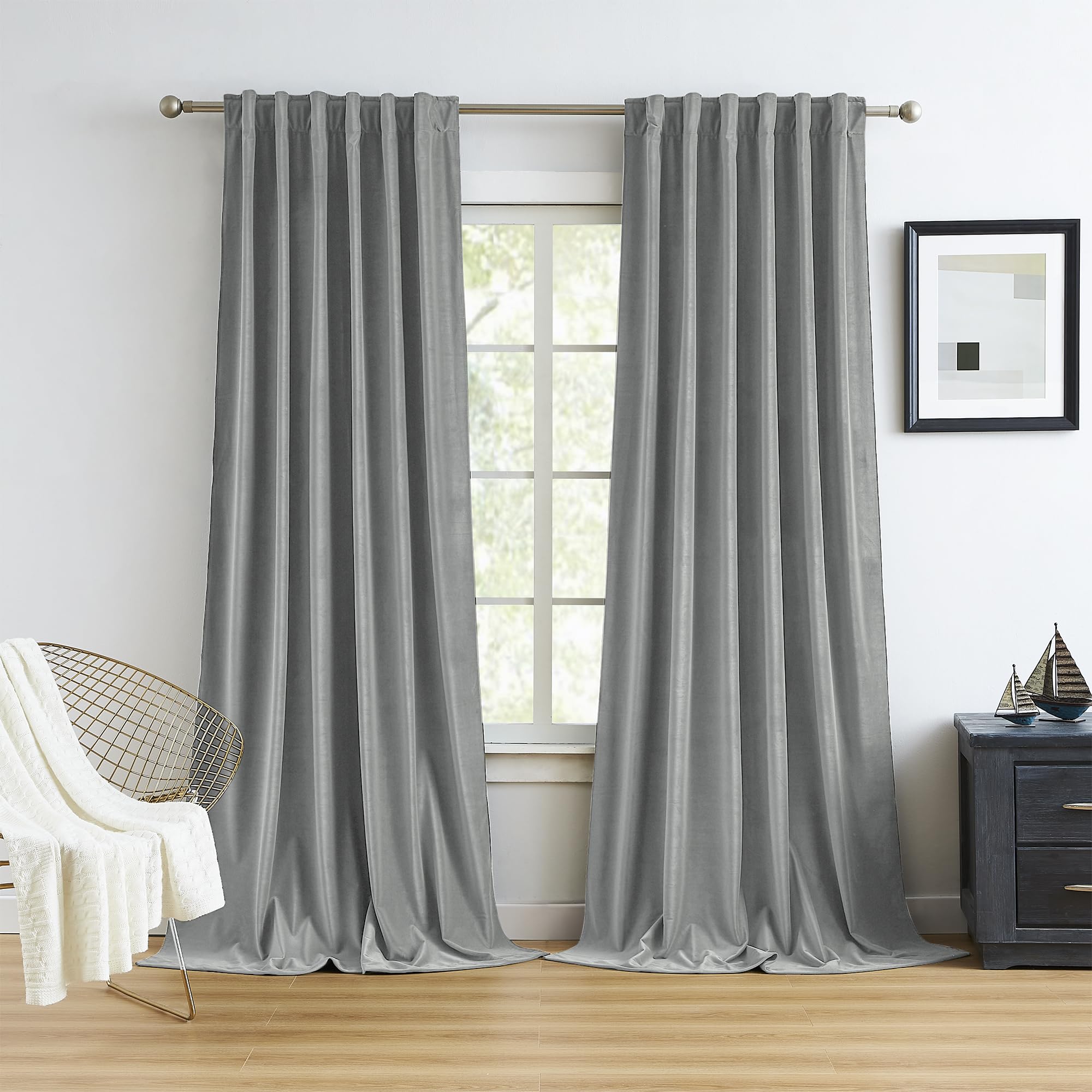 MUMFAS Light Grey Velvet Long Curtains 96 Inches Long 2 Panels Set Noise Reduce Light Blocking Privacy Panels for Bedroom Back Tab Rod Pocket, 52 x 96 Inch (8 FT/Feet Length)