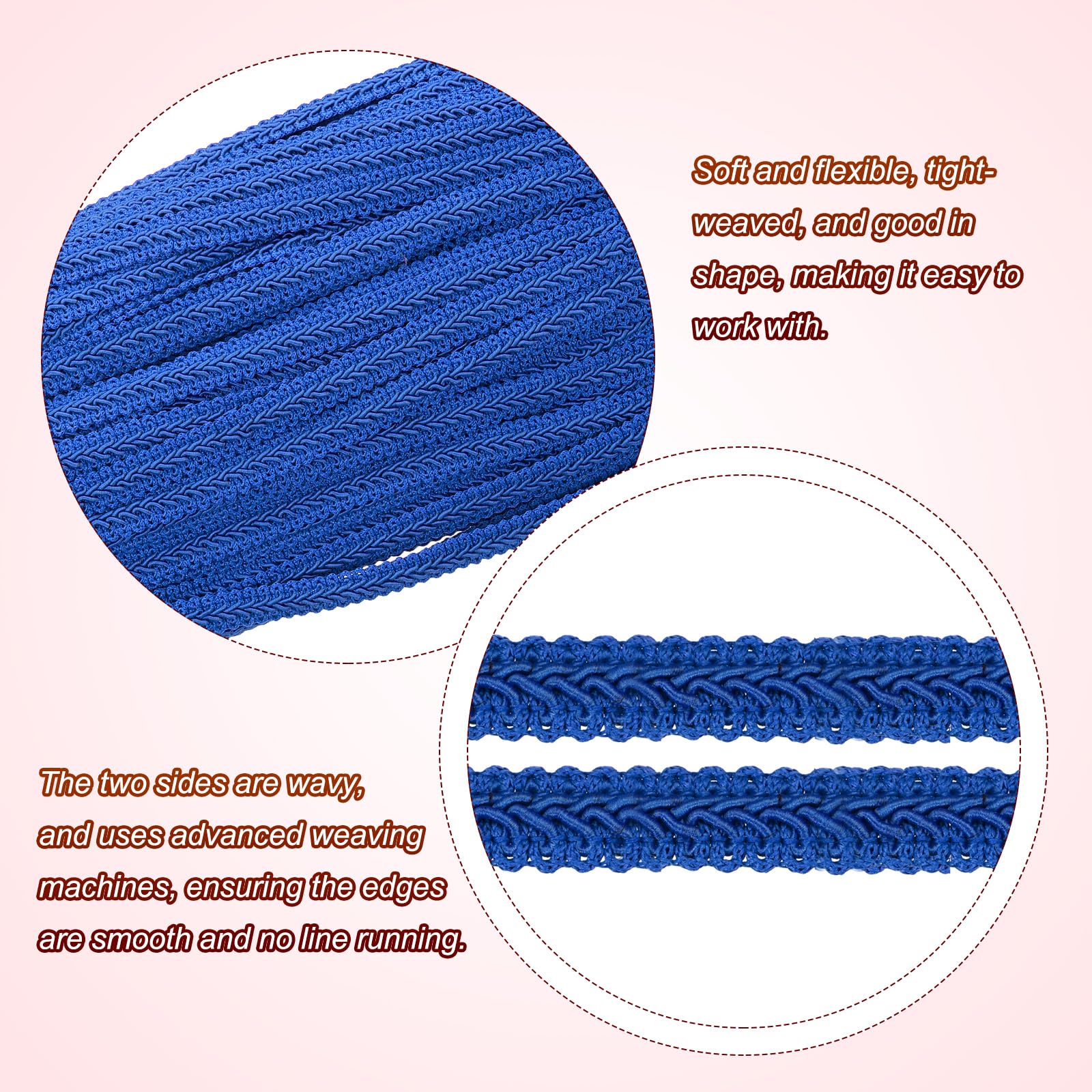 QUARKZMAN Passamaneria a Treccia Gimp, 49 Iarde X 1/2" (12Mm) Cordone per Tende E Tappezzeria per Accessori di Cucito Fai da Te, Blu