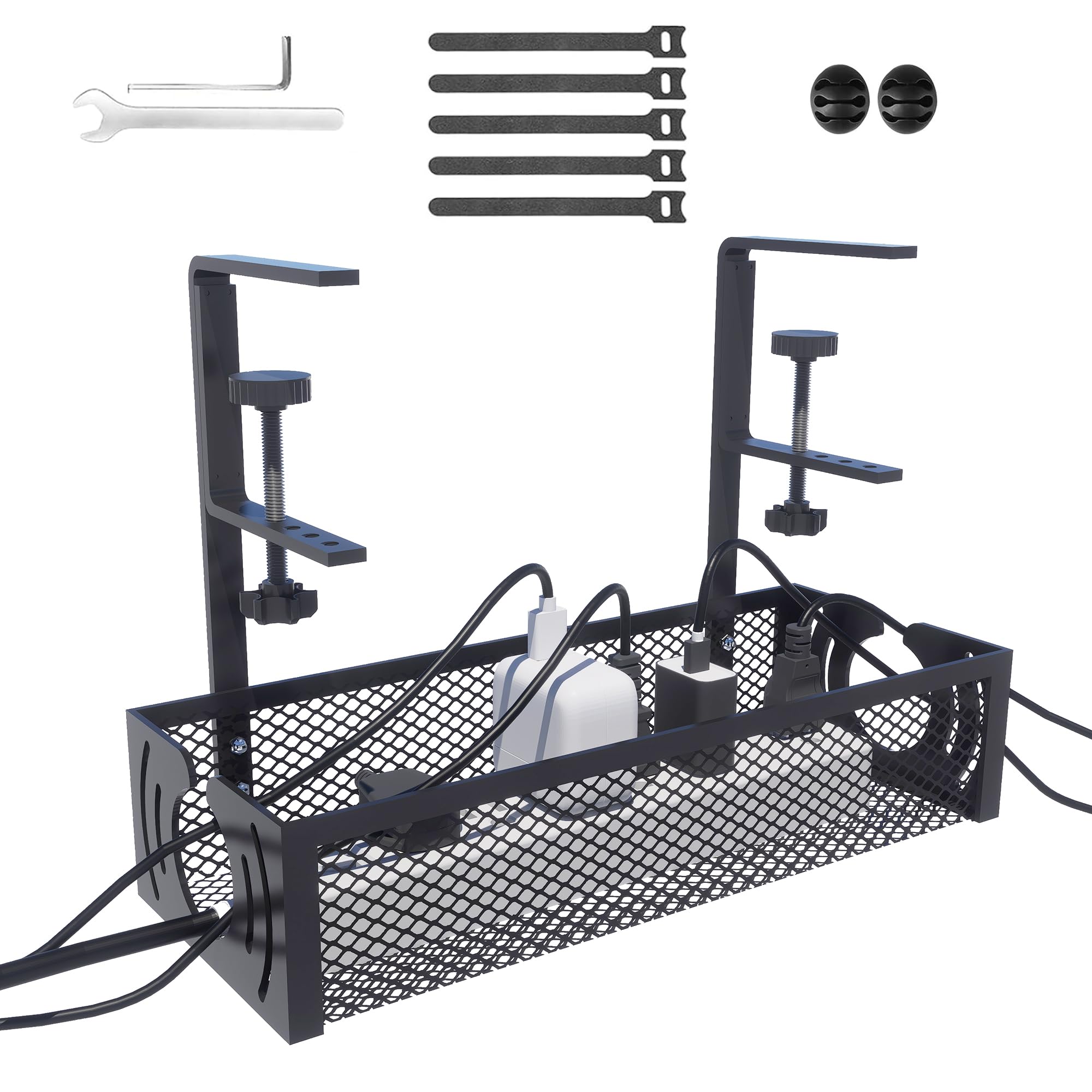 Sleclean Under Desk Cable Management Tray, Upgraded Long Arm Clamp, No Drill Steel Desk Cable Organizers, Cable Tray with Clamp for Desk Wire Management, Home - No Damage to Desk, Black