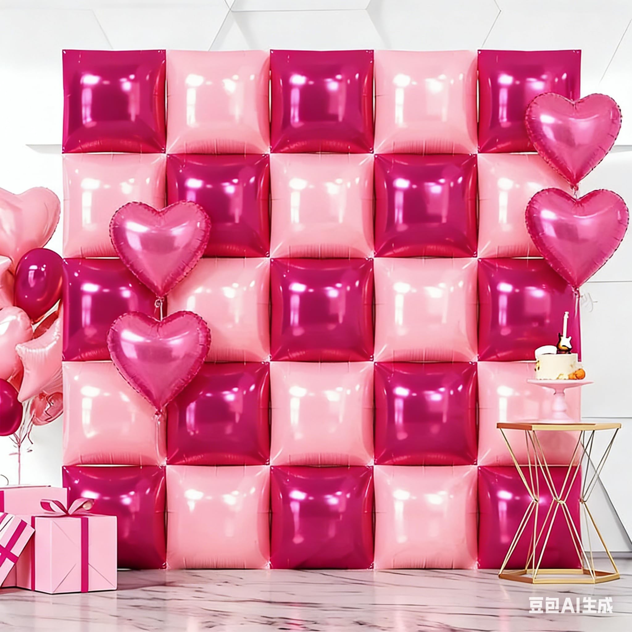Pink Square Balloon Wall Kit 25PCS,Hot Magenta Metallic Foil Balloons for Backdrop Arch Tunnel,Double Sided Party Decorations for Kids Video Game Birthday,Galentines,Bachelorette,Bridal Party