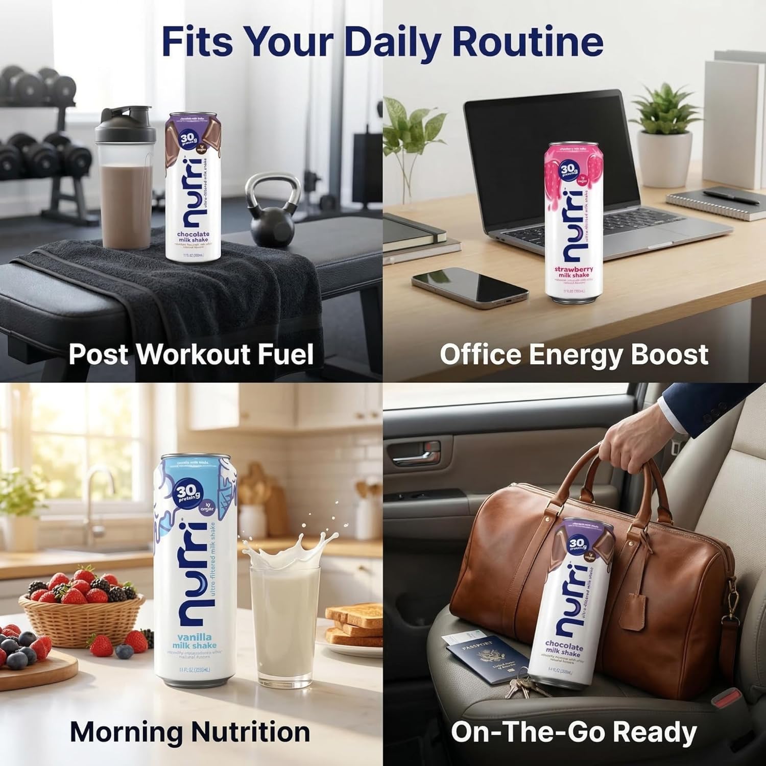 Nurri 30g Protein Shake Ready to Drink, 12 Pack Variety (4 Vanilla, 4 Chocolate, 4 Strawberry), 1g Sugar, 150 Calories, Lactose Free, Meal Replacement & Post Workout Drink