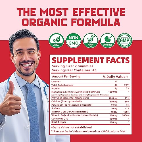 Miniatura 4 de Gomitas de glicinato de magnesio 1000mg con L-treonato, suplemento de complejo quelado de magnesio y potasio con vitamina D, B6, CoQ10, calcio,