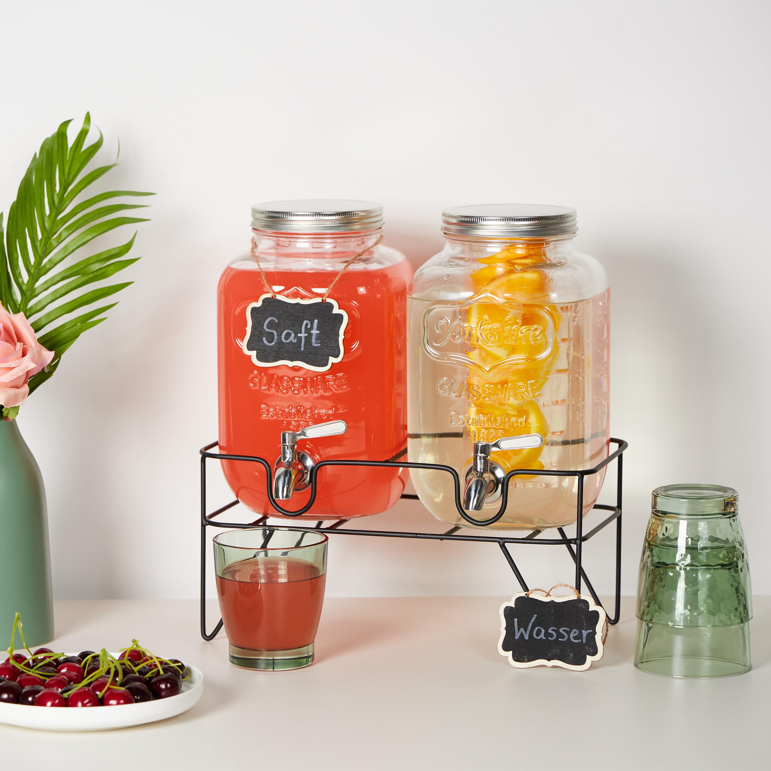 Relaxdays 2 Dispenser in Vetro per Bevande, Erogatore con Rubinetto in Acciaio Inox 4 L, Distribuitore Acqua e Limonate