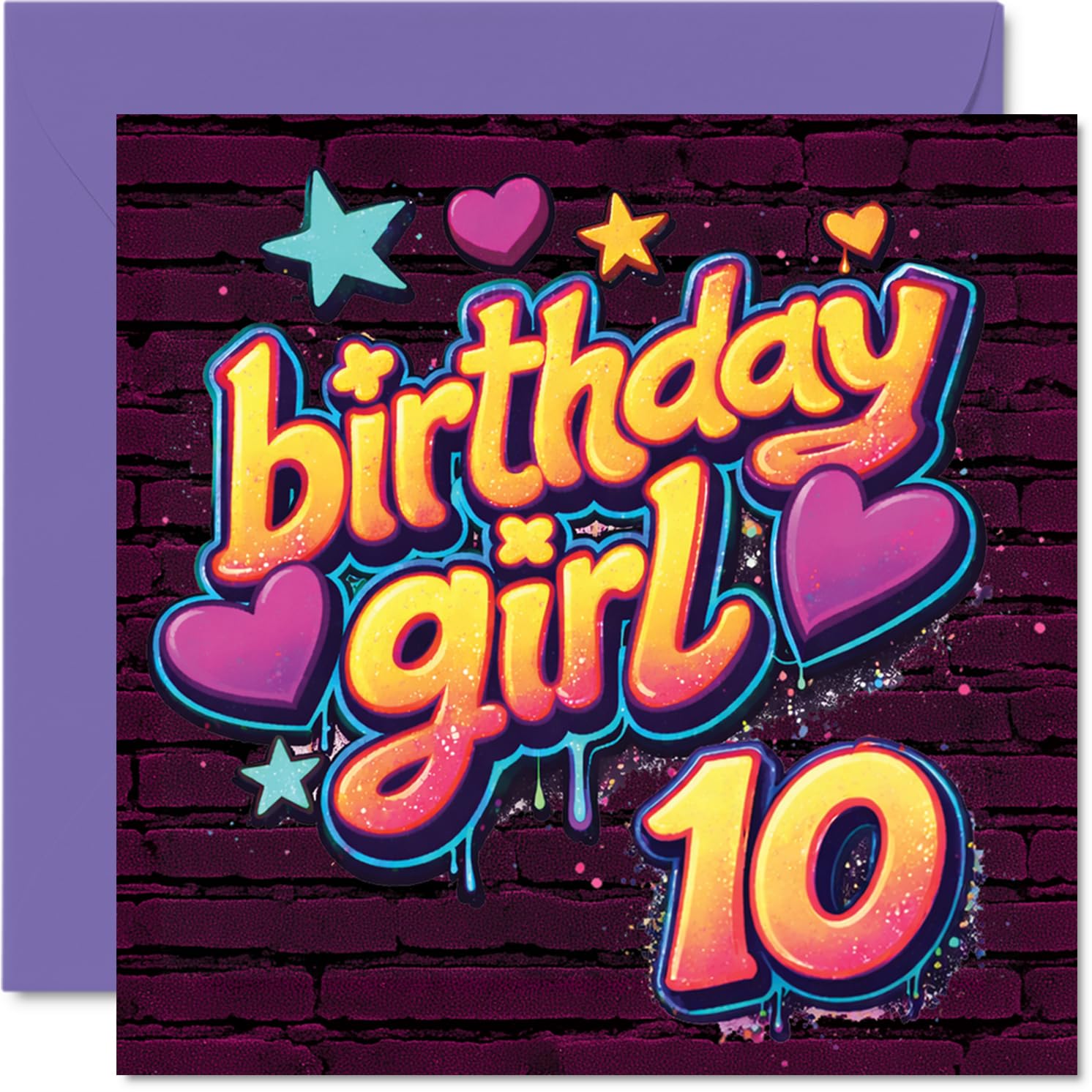 Playful 10th Birthday Card - Bursting with Birthday Energy - Graffiti-style Stars and Hearts in Bold, Vibrant Hues - 145mm Square, Envelope Included
