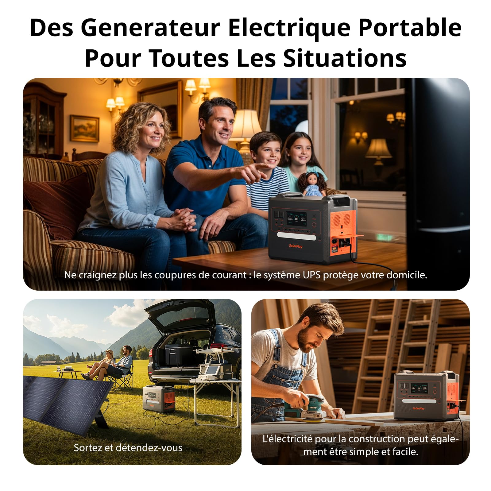 SolarPlay Station électrique portable Générateur solaire， avec 12 connecteurs de sortie, LiFePO4, UPS, pour camping, pannes de courant avec 5 ans de garantie (Q2402M)