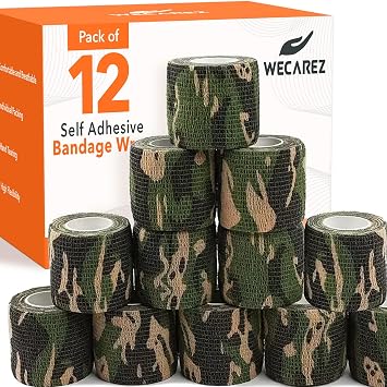 Self Adhesive Bandage Wrap 2 Inch x 5 Yards Pack of 12 Camouflage Cohesive Bandage, Non-Woven Vet Wrap for Dogs and Pets Breathable Elastic Bandage Wrap for Ankles & Joint Sprains