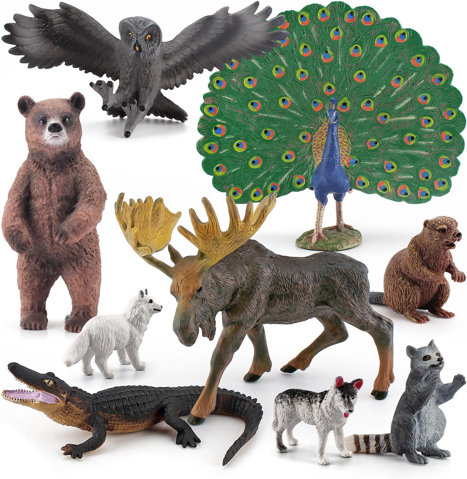 BRETOYIN Woodland Animals Figures Playset 9PCS Forest Animal Figurines Toys Set Plastic Animals Figure Bear Figurine Peacock Figurine Crocodile Figure Arctic Fox Figure