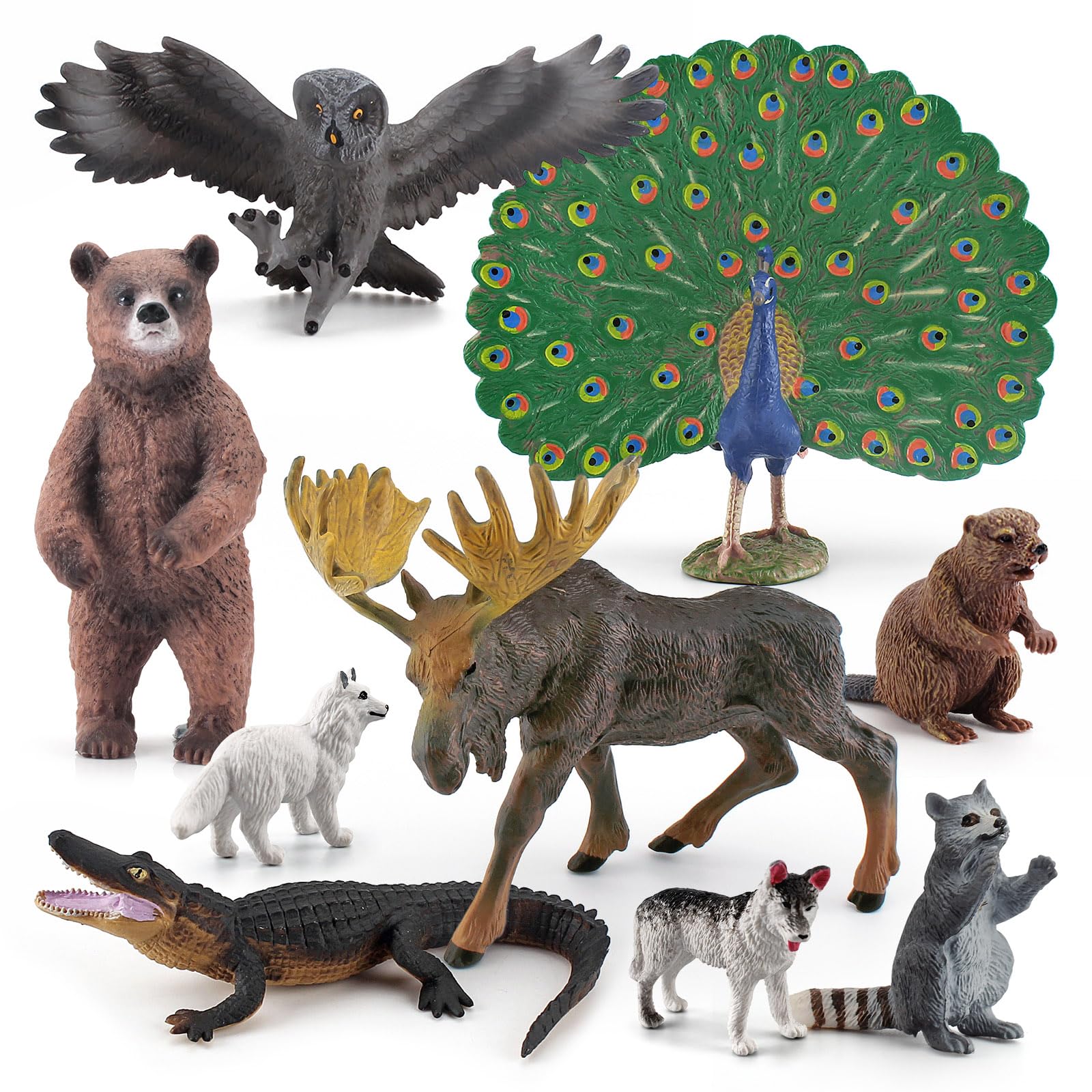 Woodland Animals Figures Playset 9PCS Forest Animal Figurines Toys Set Plastic Animals Figure Bear,Peacock Crocodile,Arctic Fox Figure