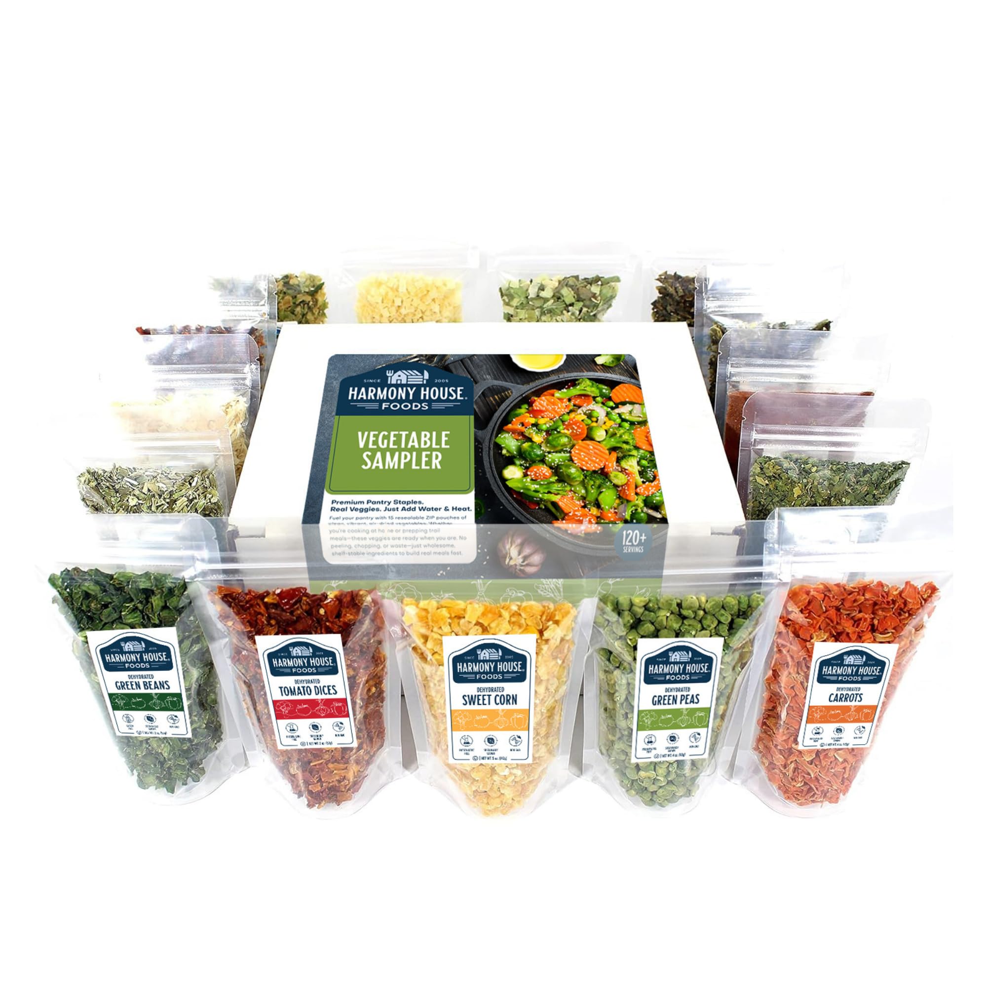 Harmony House Dehydrated Vegetable Sampler – 15 Count Variety Pack, Resealable Zip Pouches, For Cooking, Camping, Emergency Supply and More