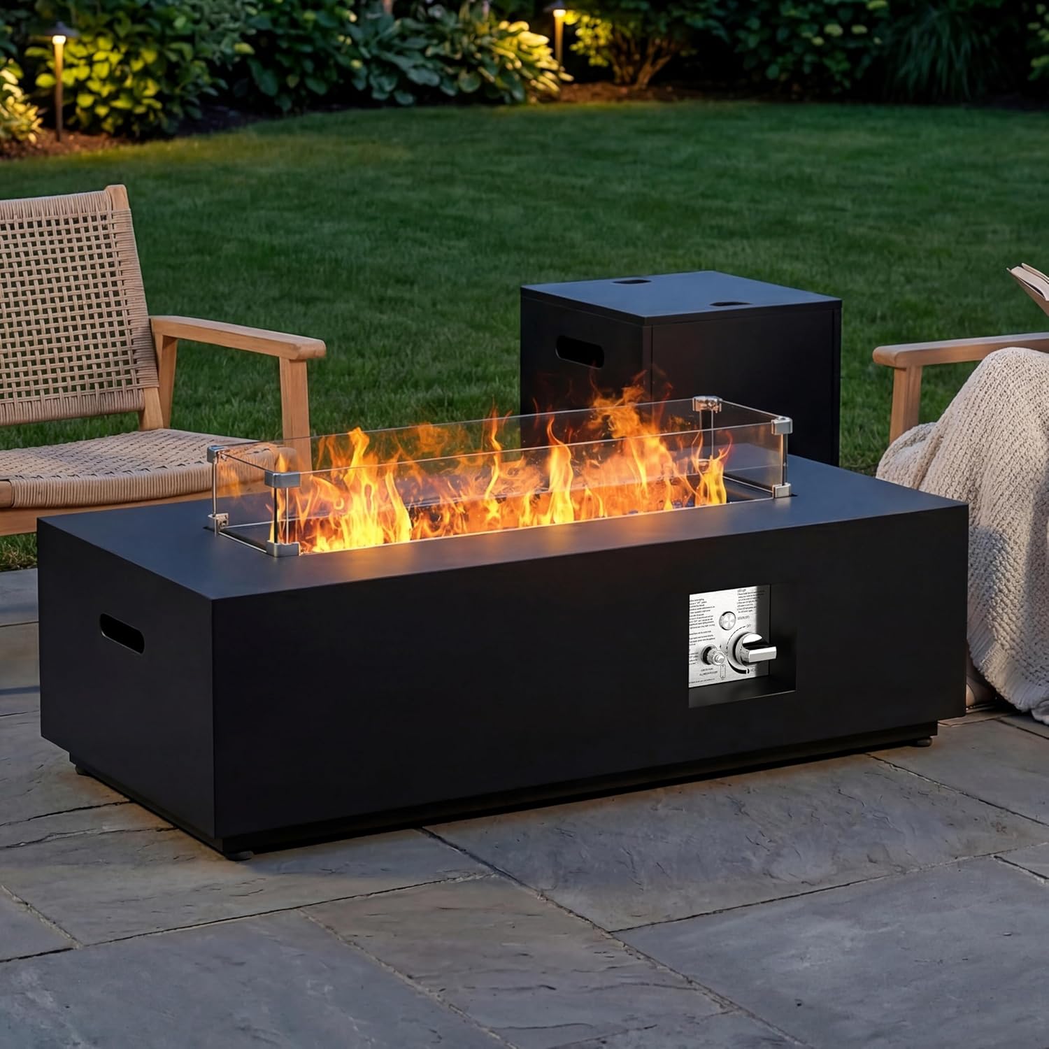 42" Rectangular Propane Fire Pit Table 50,000 BTU Fireplace Table with Wind Guard, Lid, Rocks and Cover - Fire Pits & Outdoor Fireplaces - Gas Fire Pits for Outside Patio (Black, 42")