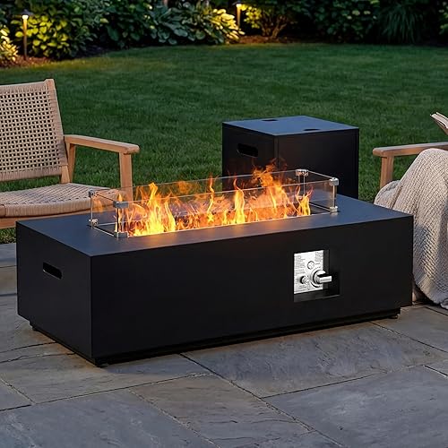 SUNPEAK 42" Rectangular Propane Fire Pit Table 50,000 BTU Fireplace Table with Wind Guard, Lid, Rocks and Cover - Fire Pits & Outdoor Fireplaces - Gas Fire Pits for Outside Patio (Black, 42")