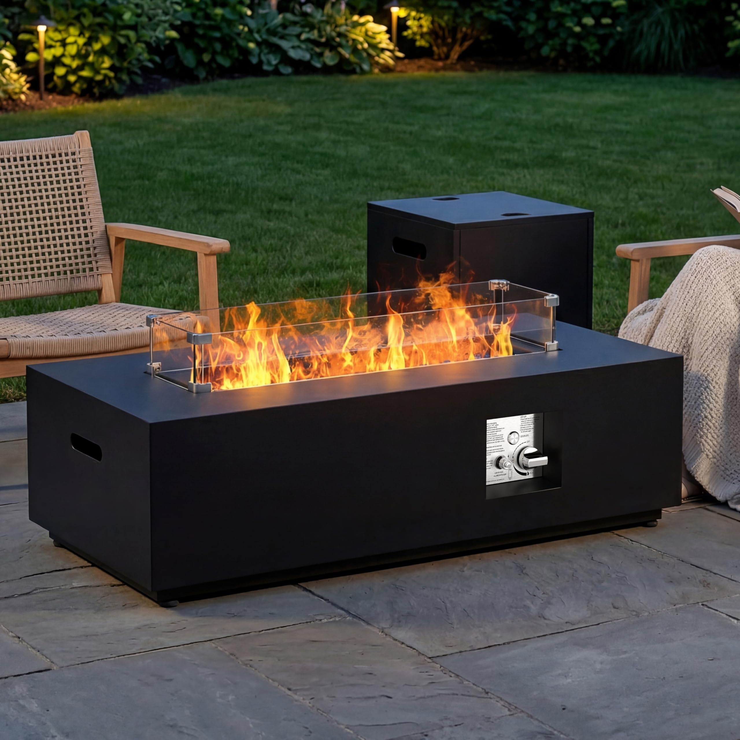 SUNPEAK 42" Rectangular Propane Fire Pit Table 50,000 BTU Fireplace Table with Wind Guard, Lid, Rocks and Cover - Fire Pits & Outdoor Fireplaces - Gas