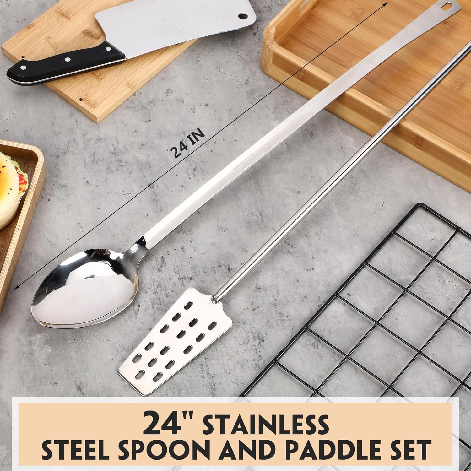 Maxdot 2 Pcs 24" Stainless Steel Spoon and Paddle Set, Long Handle Spoon Paddle for Mixing Stirring Brewing Mash for Crawfish Jam Home Canning Cooking