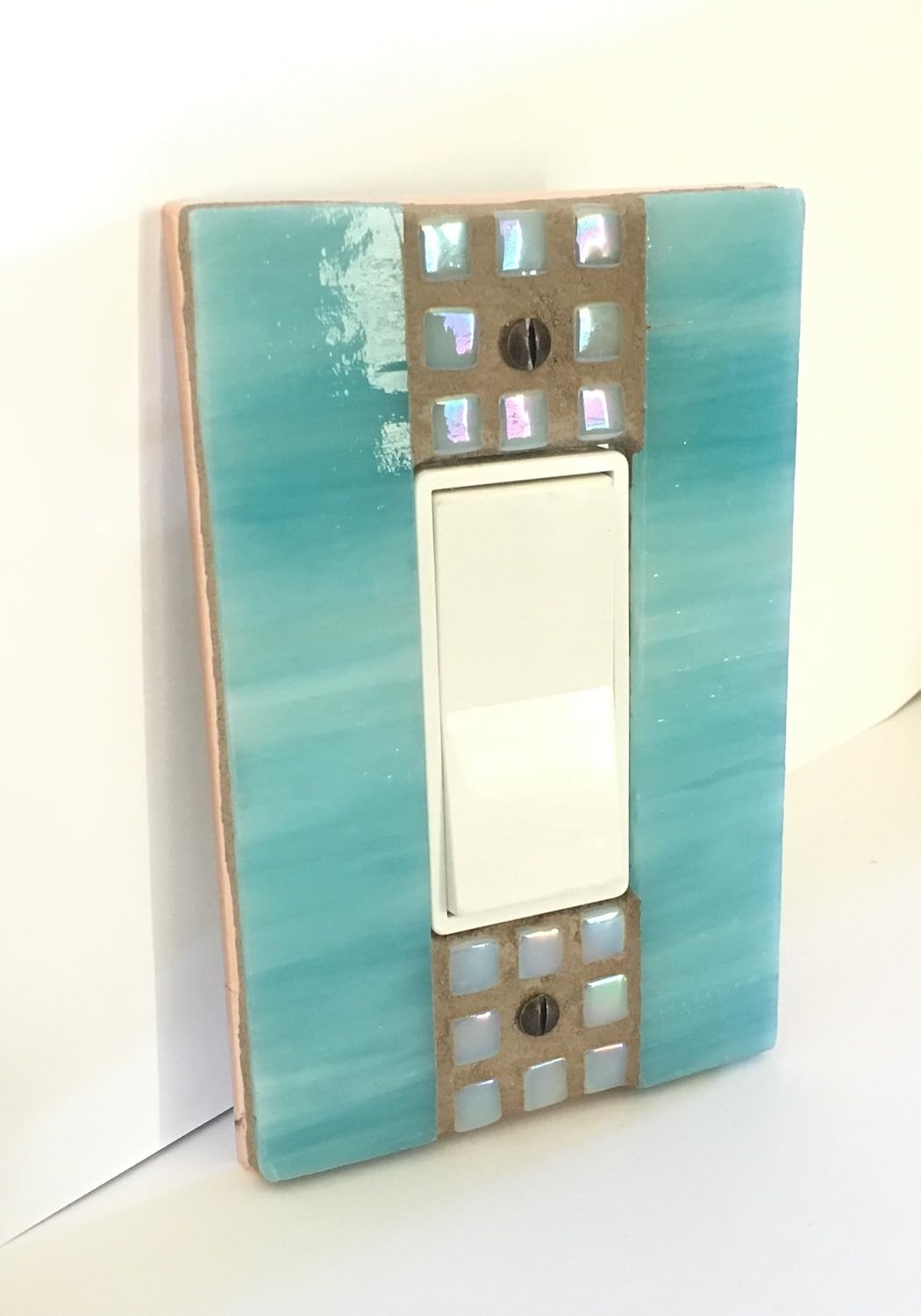 Turquoise Blue Switch Plate, Stained Glass Mosaic, Light