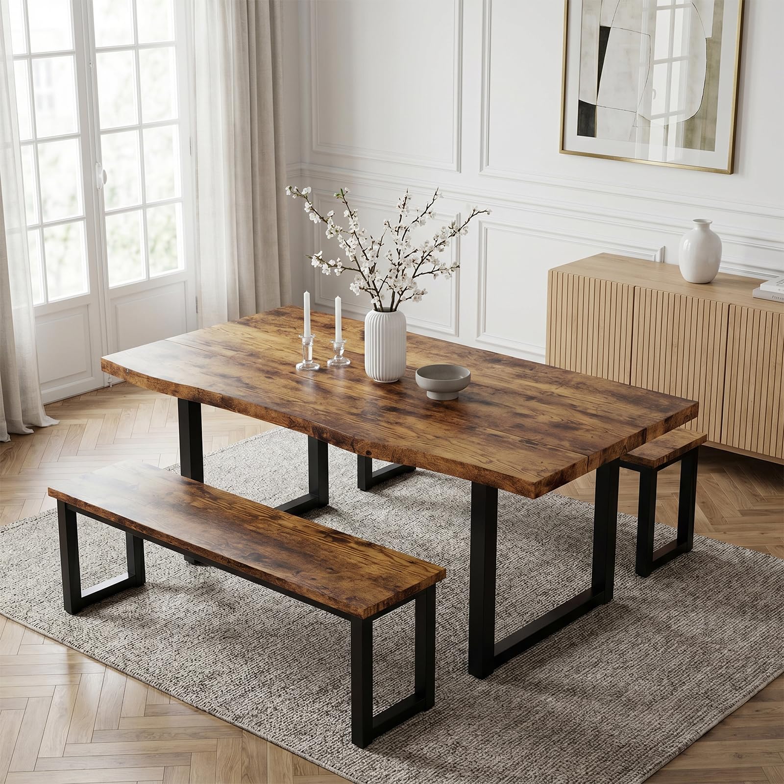 JIEXI Set tavolo da pranzo con 2 panche, tavolo da cucina rustico da 145 cm e panche per 4-6 persone, tavolo da pranzo in legno con robusta struttura in metallo