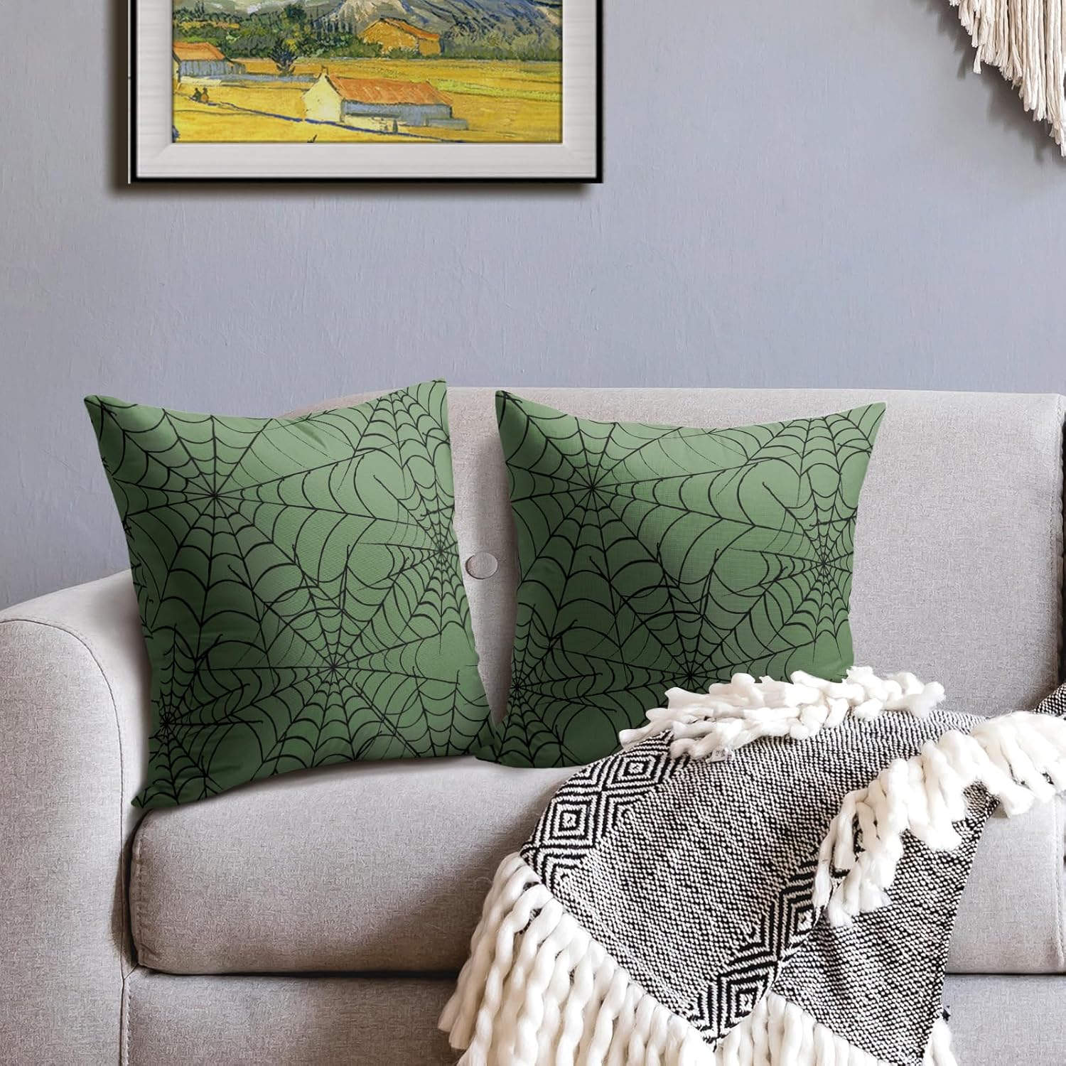Halloween Spiderweb Pillow Covers 24x24 Set of 2 Green Black Web Outdoor Decorative Throw Pillows Halloween Scary Themed Farmhouse Pillowcases Linen Cushion Case Decor for Home Sofa Couch Bed