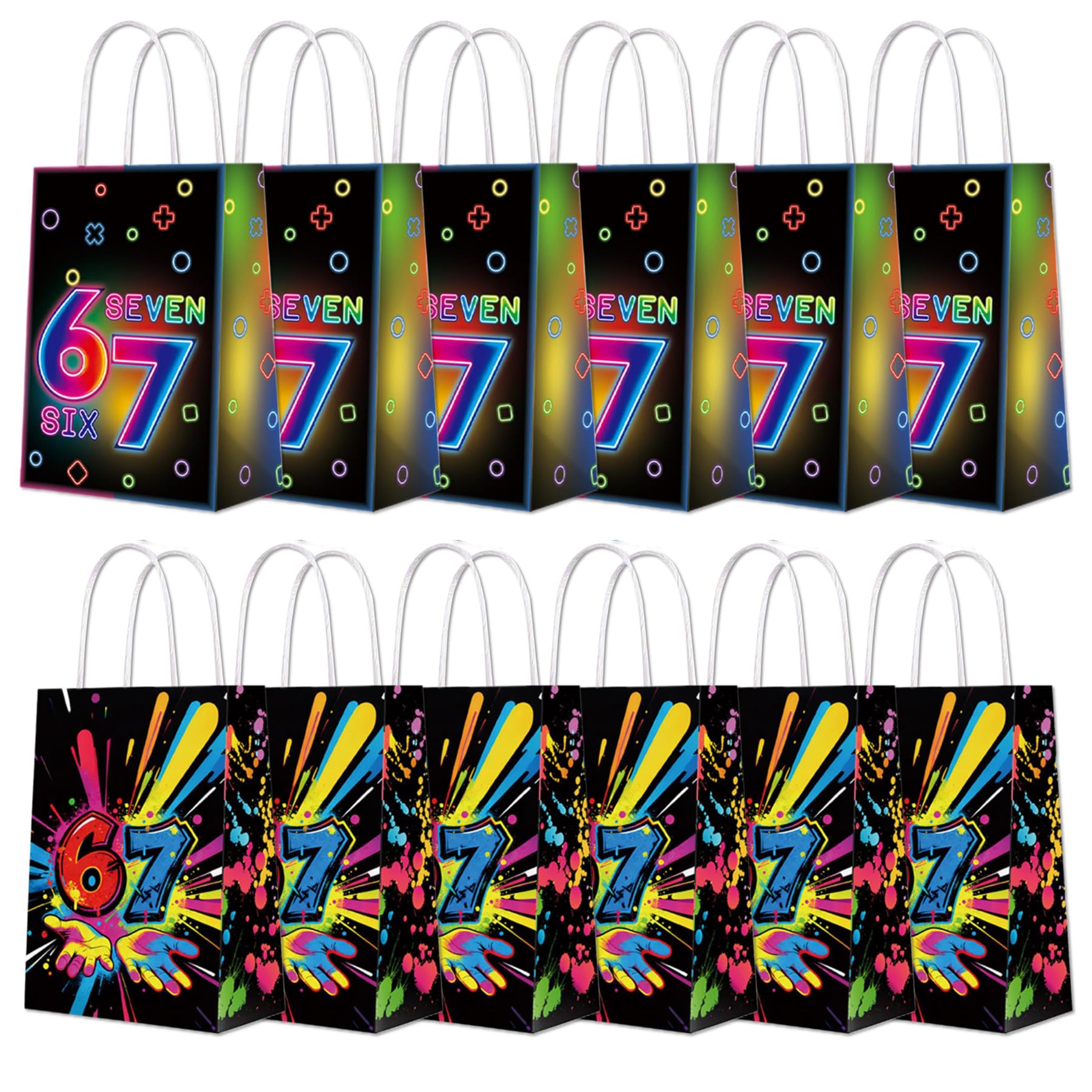12 Pcs Funny 67 Video Game Party Gift Bags with Handles, Watercolor 6 7 Gamer On Meme Candy Goodie Treat Bags Birthday Party Decorations