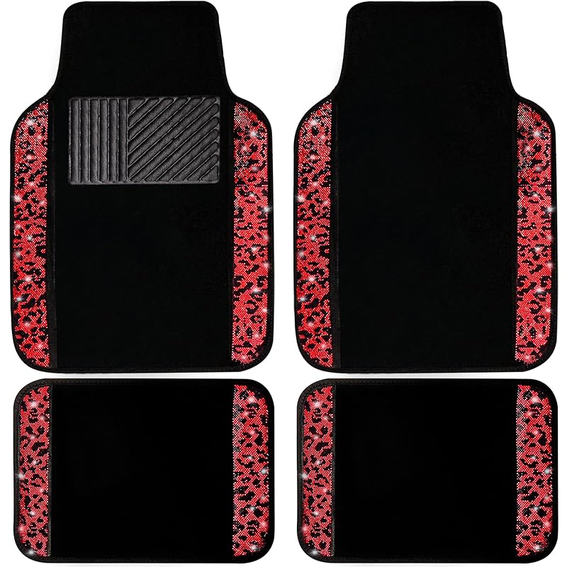 Tapetes automotivos de carpete com strass e estampa Vermelho Leopardo, conjunto para carro, SUV, sedã, van e caminhão, 4 peças NBTEPEM