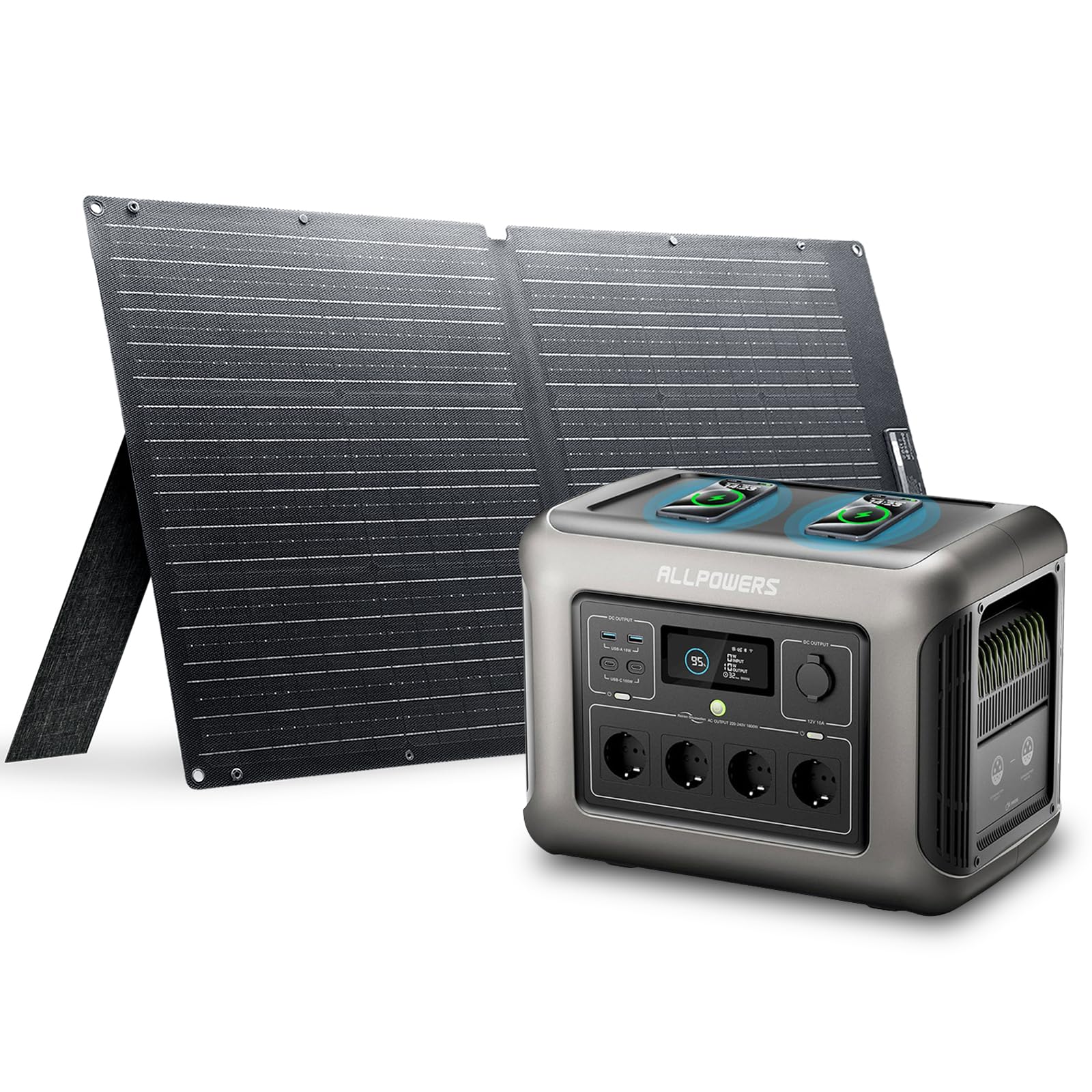 ALLPOWERS Centrale elettrica portatile R1500 1152Wh 1800W Con 100W Pannello Solare, LiFePO4 Batteria Backup Espandibile, 43dB UPS Generatore Solare per Campeggio, Festa, RV, Uso Casa, 0-80% in 40 Min