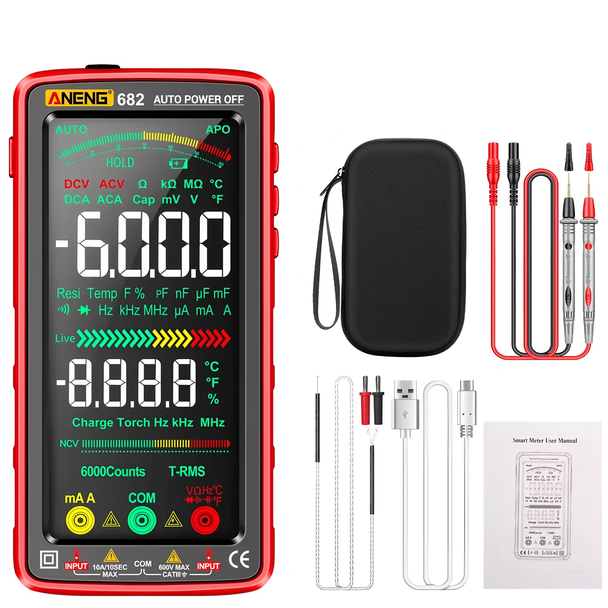 Multimètre intelligent 682 grand écran couleur AC/DC ampèremètre testeur de tension rechargeable ohm testeur de diode outils pour électricien (682)