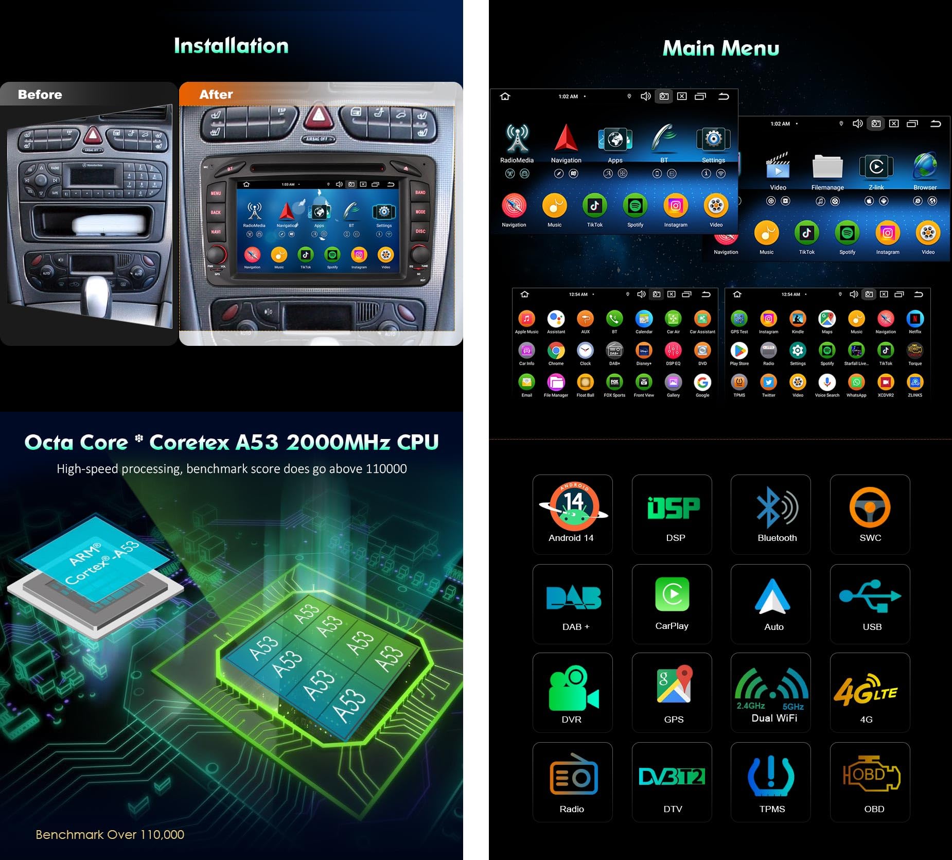 erisin [4+64GB] Android 14 8 Core Autoradio pour Mercedes Benz CLK Class W203 W209 W639 W463 W168 Viano Vito Carplay Android Auto GPS Navigature DSP Bluetooth 5.0 WiFi Dab+ TPMS DVR OBD