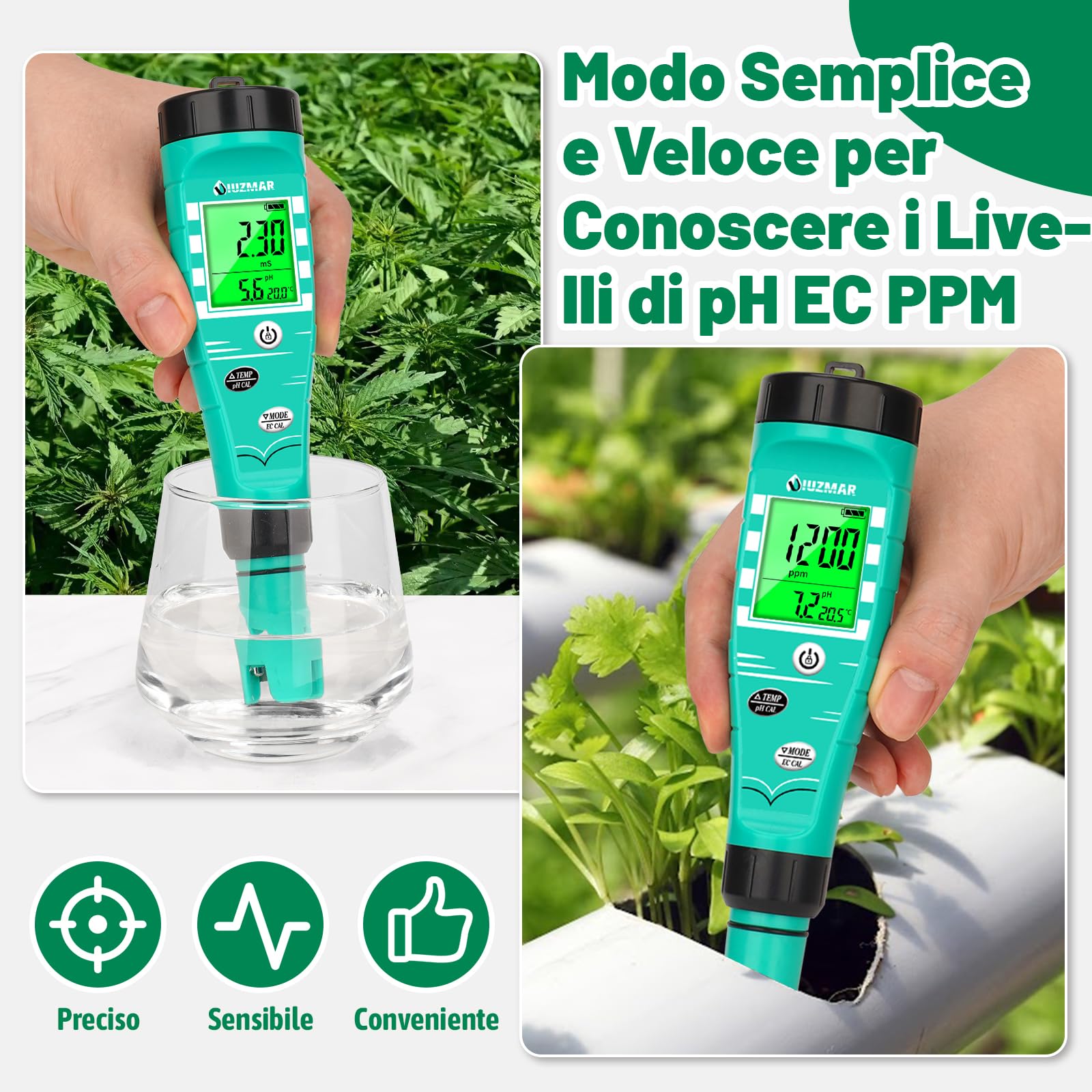 UIUZMAR Misuratore di pH EC Idroponica, phmetro Acqua, Misuratore pH e TDS per Sistema Idroponico, Misurazione Simultanea di pH EC TDS Temperatura per Aeroponica, Acquario, Laghetto