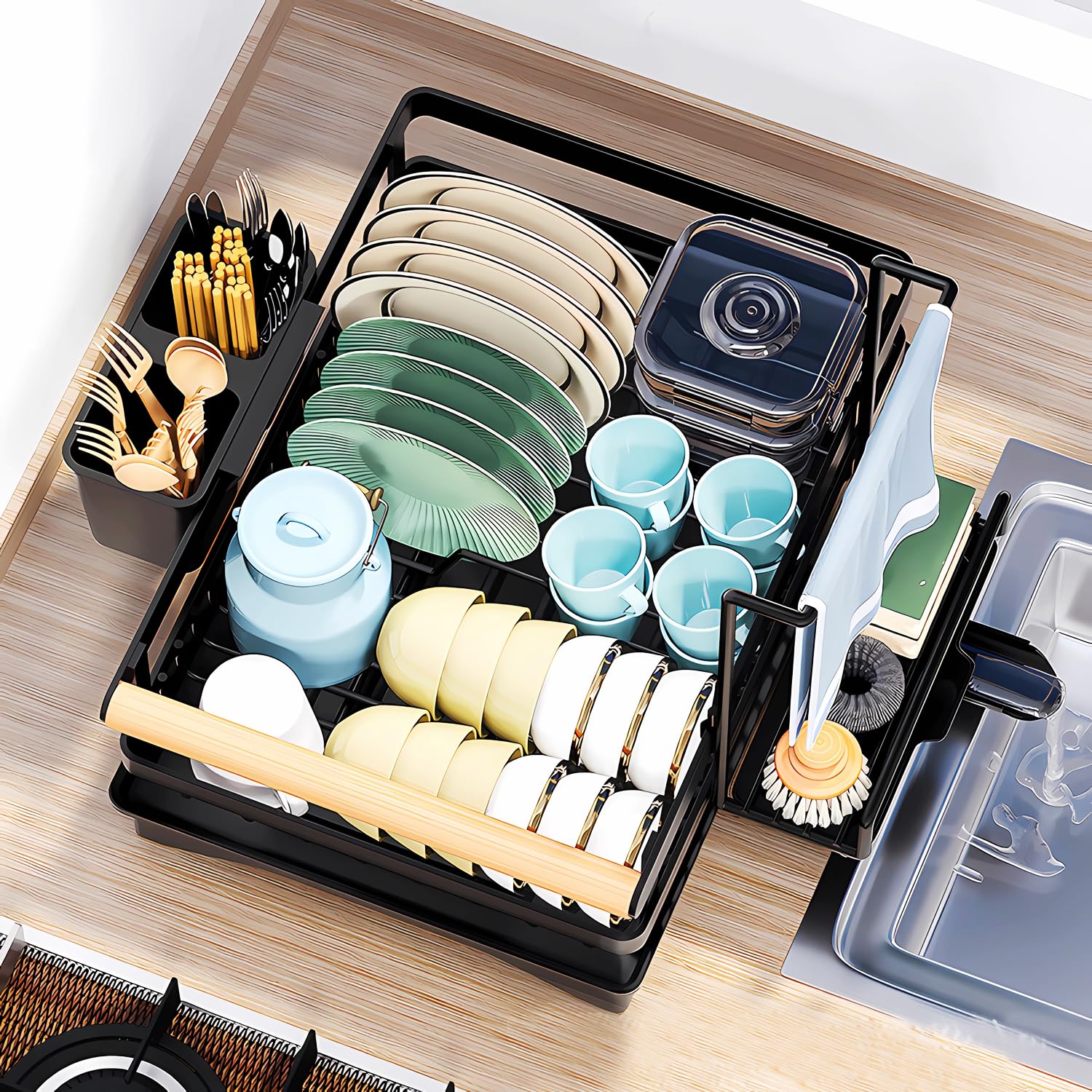 Escurridor de platos de 2 niveles, Bandeja para escurreplatos para encimera de cocina con boquilla giratoria, con soporte para utensilios, de gran capacidad para platos y cuencos y tazas
