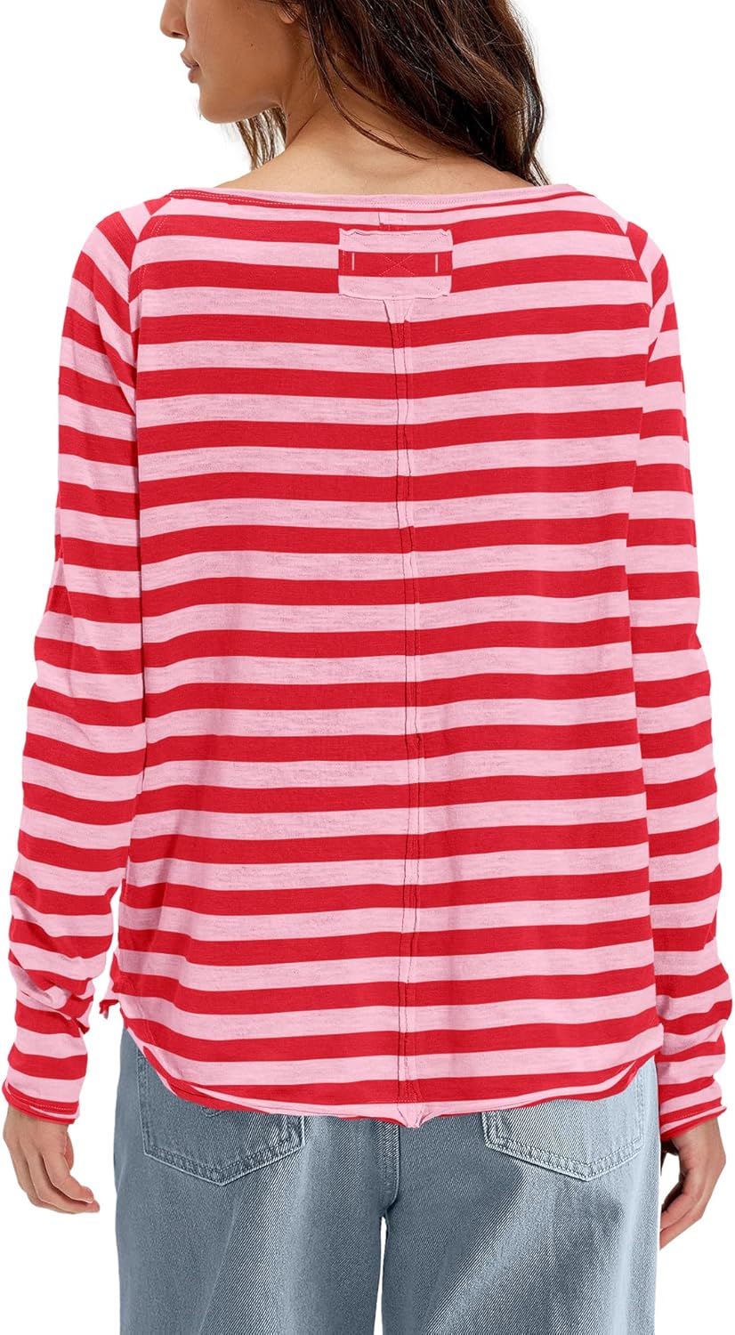 Nirovien Womens Striped Henley Shirts Oversized Long Sleeve T Shirts Casual Pullover Spring Tops Basic Tees - Image 4