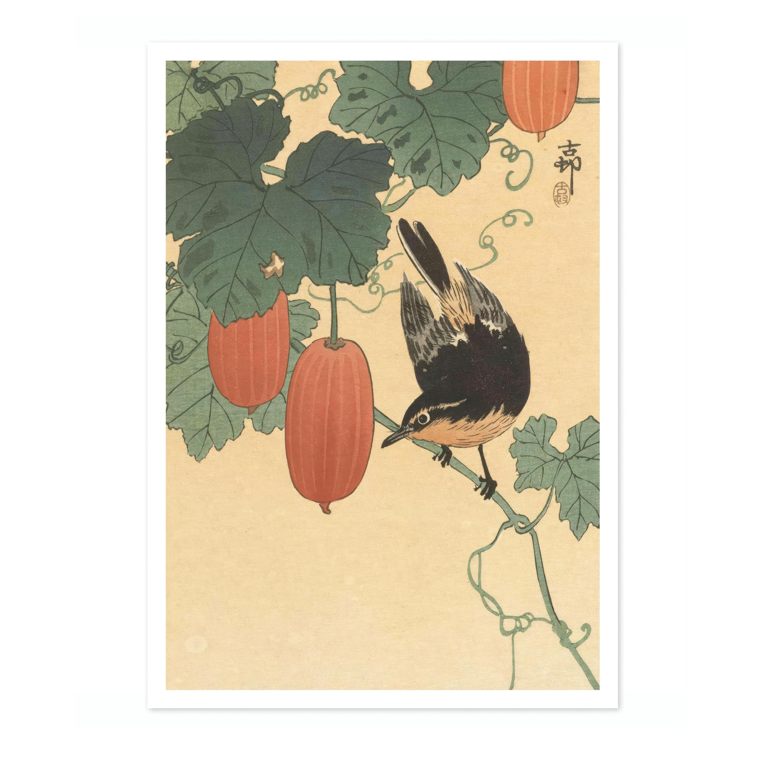 Bird & Persimmon Ohara Koson Poster, Japanese Woodblock Ukiyo-E Print